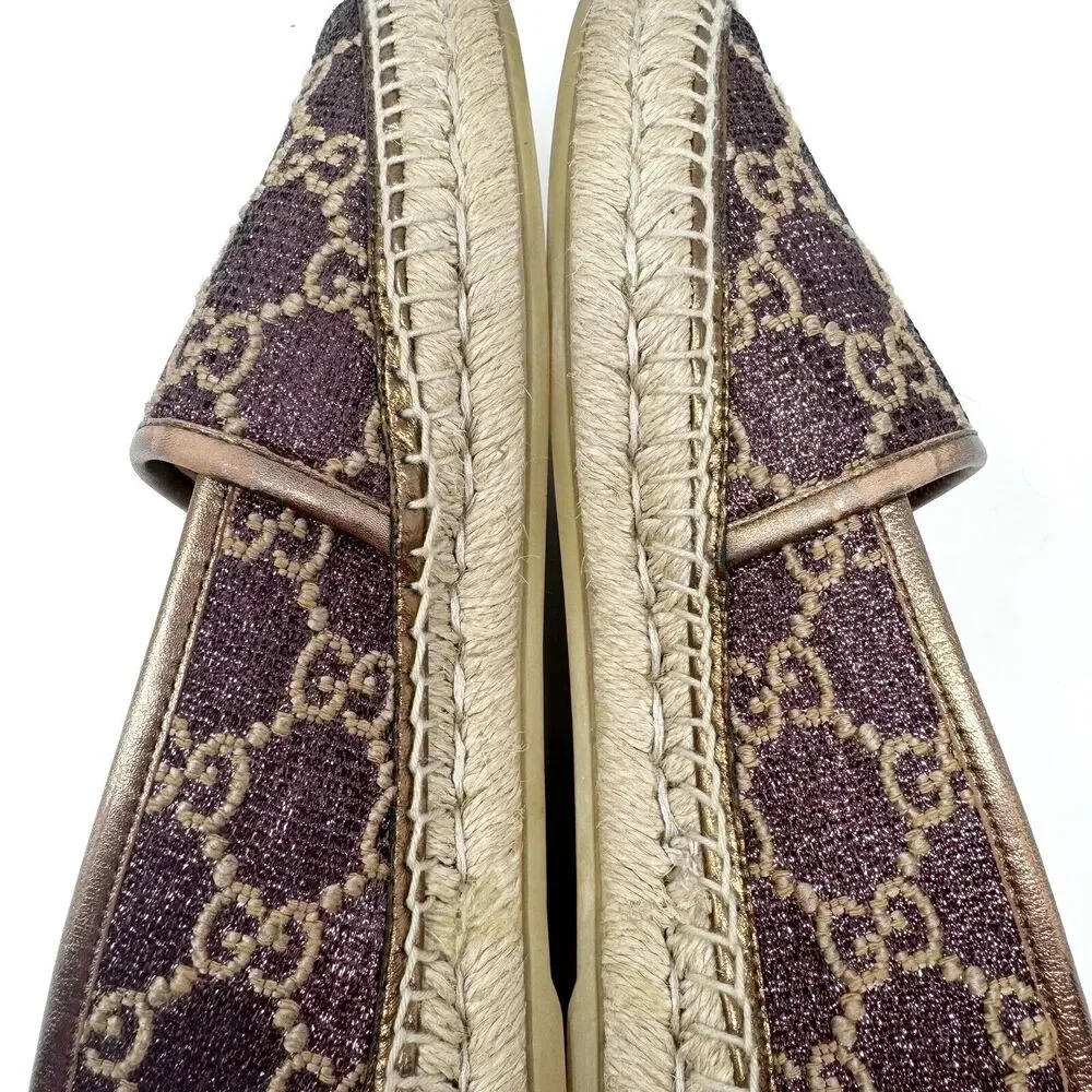 Gucci GG Logo Lurex Lamé Espadrilles Brown Beige Monogram Flats EU 37.5 US 7.5 - Picture 8 of 14